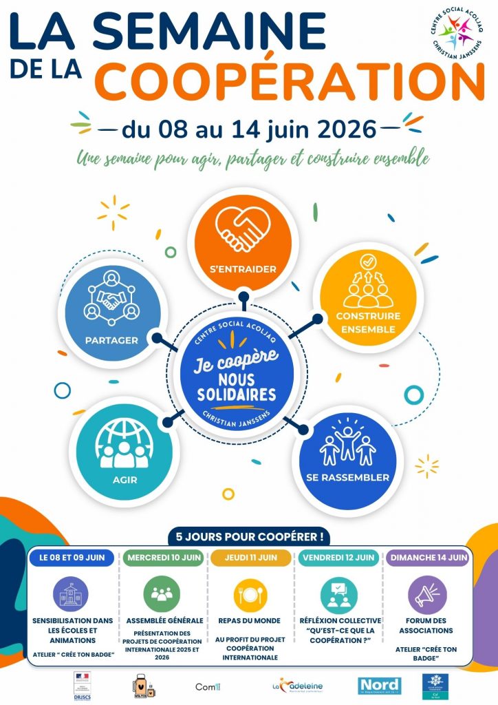 Affiche semaine de :a coopération 2026 avec le centre social ACOLJAQ